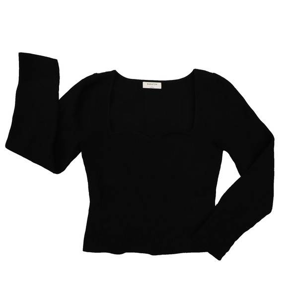 Babaton Aritizia Black Ribbed Long Sleeve Shirt size Large Squareneck Sweetheart - Picture 1 of 8